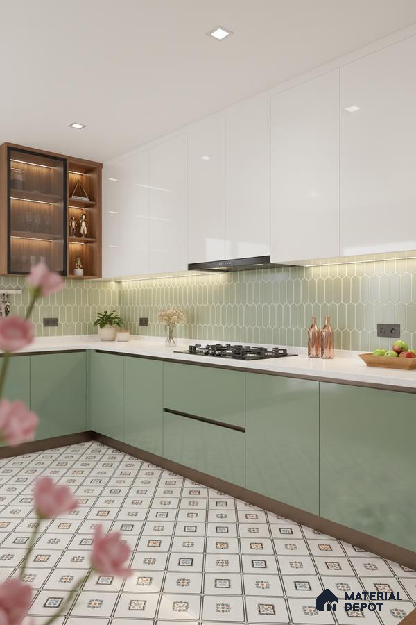Modern kitchen with sage green and white laminate, geometric backsplash tile, and patterned floor tile in Bengaluru