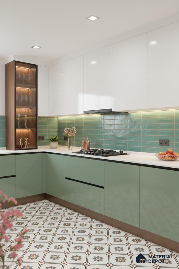 Modern kitchen with sage green and white laminate, green subway backsplash tile, and patterned floor tile in Bengaluru