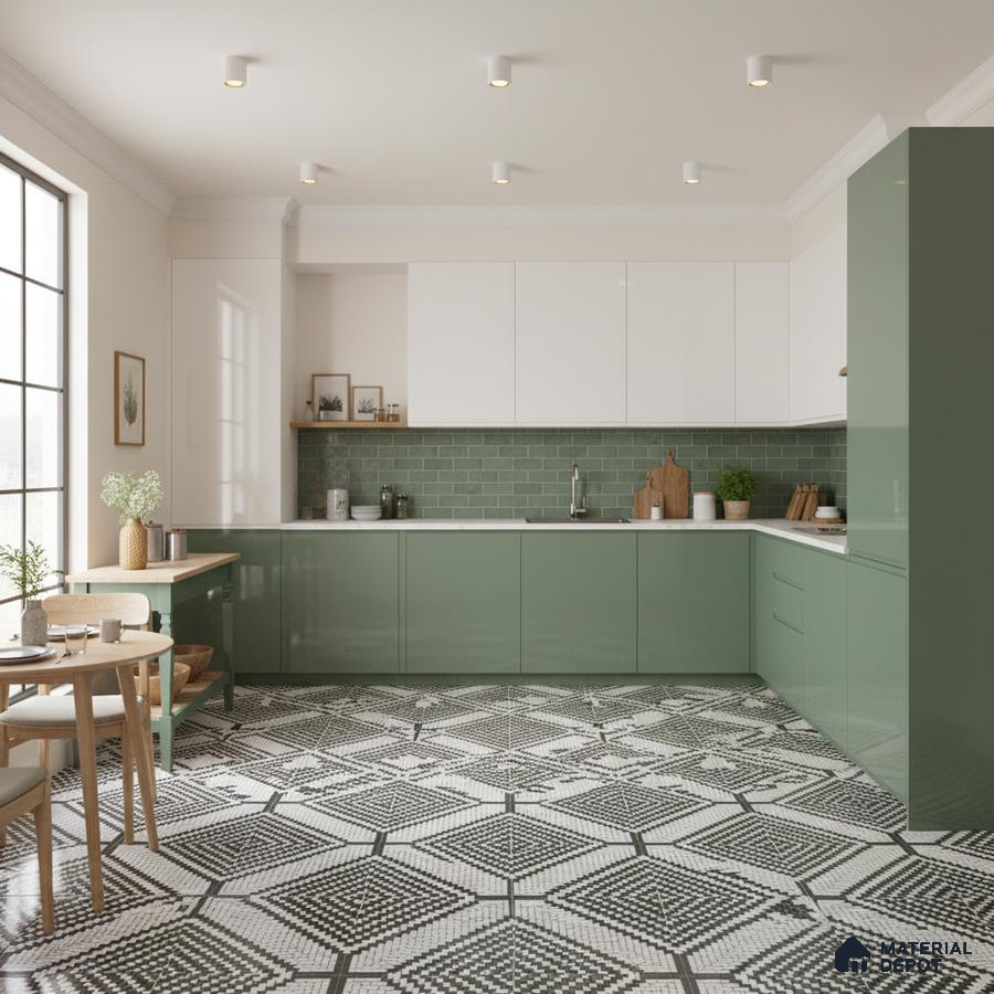 Modern kitchen with sage green and white laminate, green subway tile backsplash, geometric black-and-white floor tiles in Bengaluru