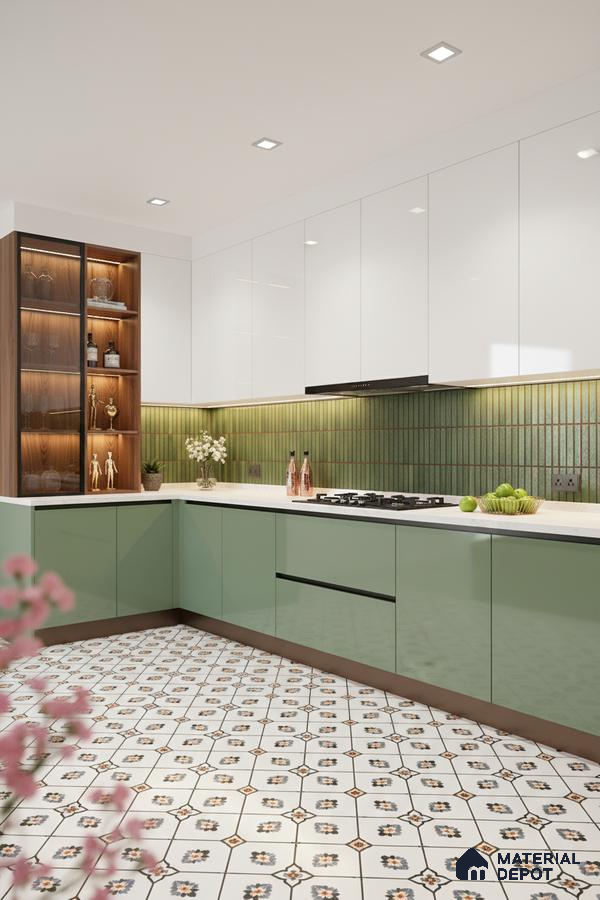 Modern kitchen with sage green and white laminate, kitkat green backsplash tile, and patterned floor tile in Bengaluru