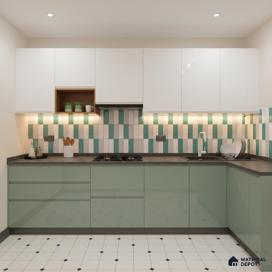 Modern kitchen with sage green and white laminate, striped backsplash tiles, and white patterned floor tiles in Bengaluru