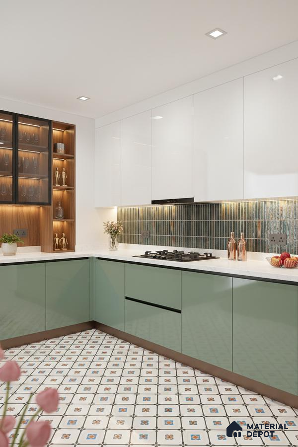Modern kitchen with sage green and white laminate, vertical green kitkat backsplash tile, patterned floor tile in Bengaluru
