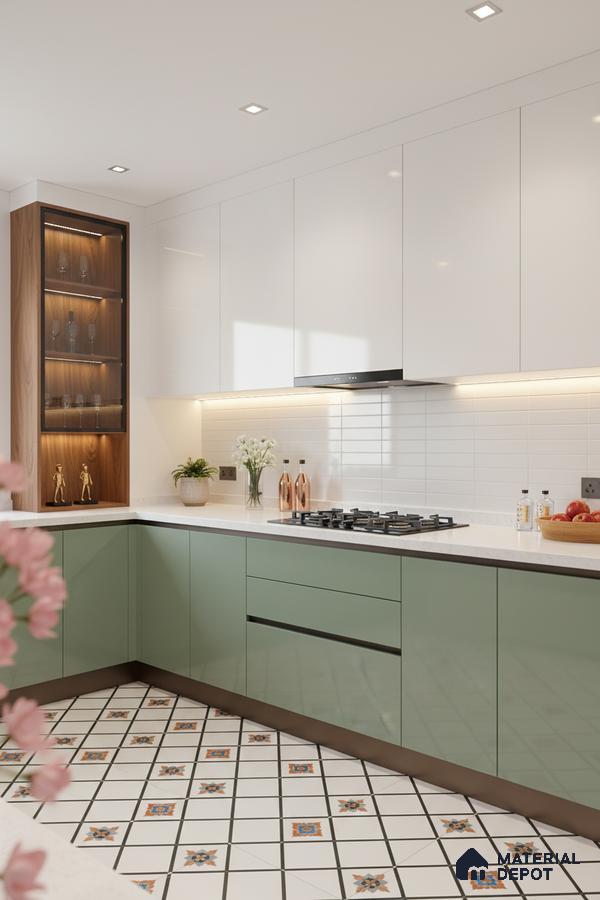 Modern kitchen with sage green and white laminate, white quartz countertop, and patterned moroccan floor tiles in Bengaluru
