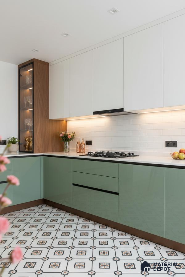 Modern kitchen with sage green and white laminate, white subway tile backsplash, and patterned floor tiles in Bengaluru