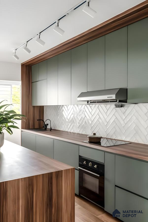 Modern Kitchen With Sage Green Cabinets, Wood Countertops, And Herringbone Backsplash | Material Depot