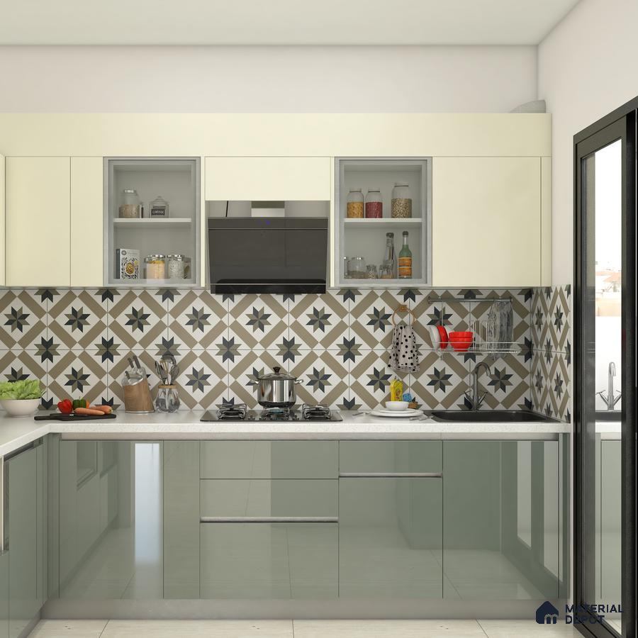 Modern kitchen with sage green glossy laminate, ivory laminate, and geometric patterned backsplash tiles in Bengaluru | Material Depot