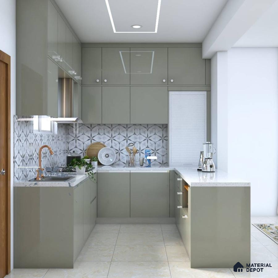 Modern kitchen with sage green glossy laminate, white quartz countertop, and geometric patterned backsplash tile in Bengaluru | Material Depot