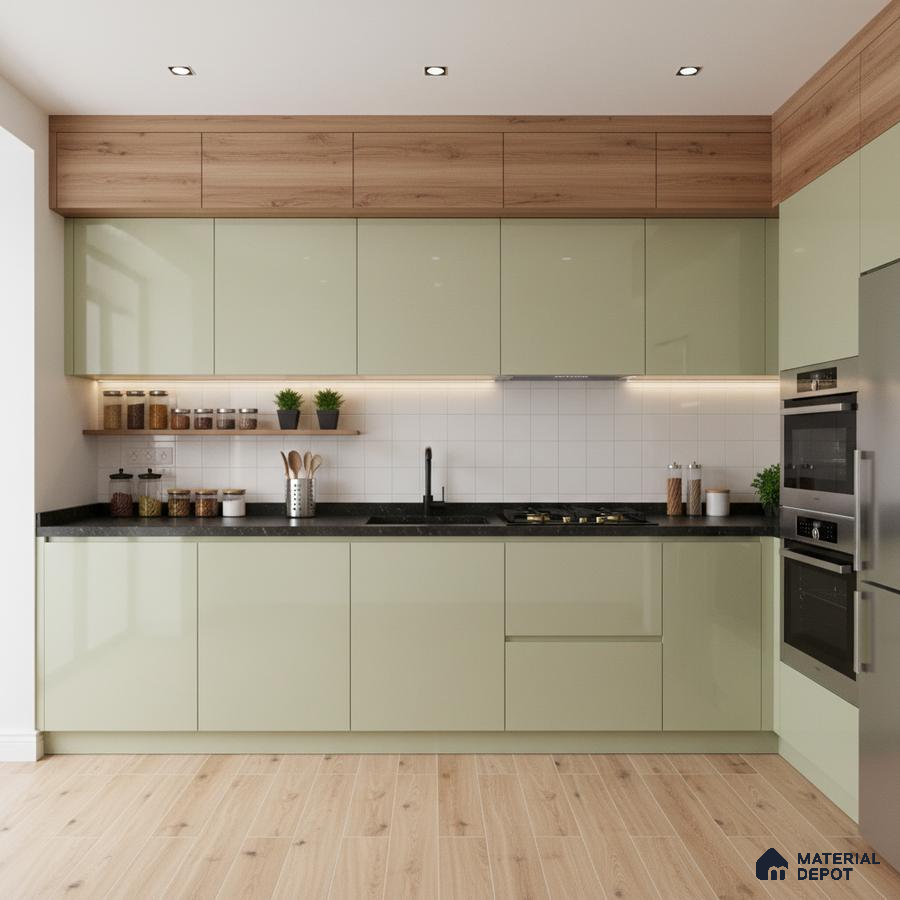 Modern kitchen with sage green high gloss laminate, black granite countertop, and light oak wood accents in Bengaluru