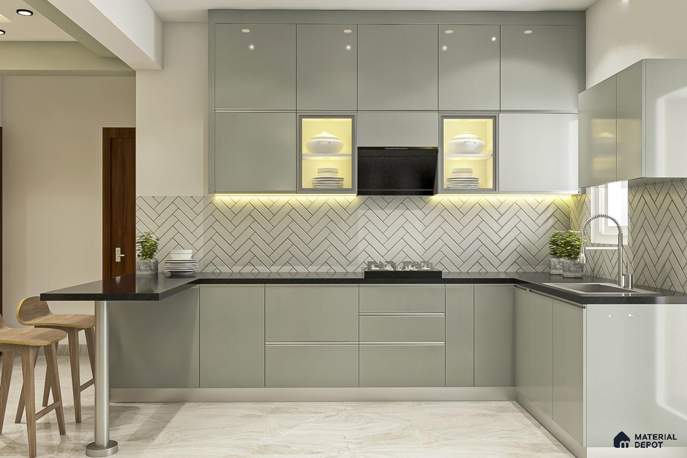 Modern kitchen with sage green high gloss laminate, black quartz countertop, and herringbone subway tile backsplash in Bengaluru | Material Depot