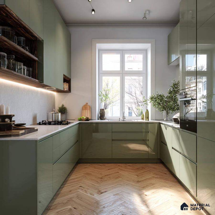 Modern kitchen with sage green high gloss laminate cabinets, white quartz countertop, and herringbone wood flooring in Bengaluru | Material Depot