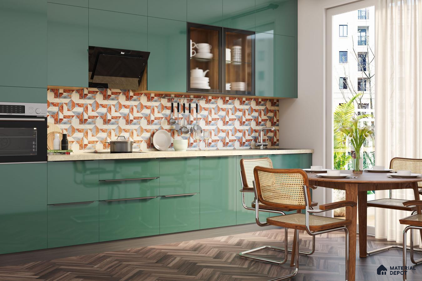 Modern kitchen with sage green high gloss laminate, geometric patterned backsplash tile, and herringbone wood floor in Bengaluru | Material Depot