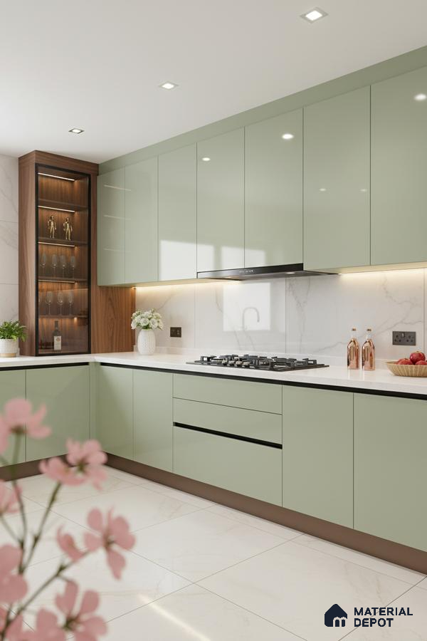 Modern kitchen with sage green high gloss laminate, white marble backsplash, and white marble floor tiles in Bengaluru