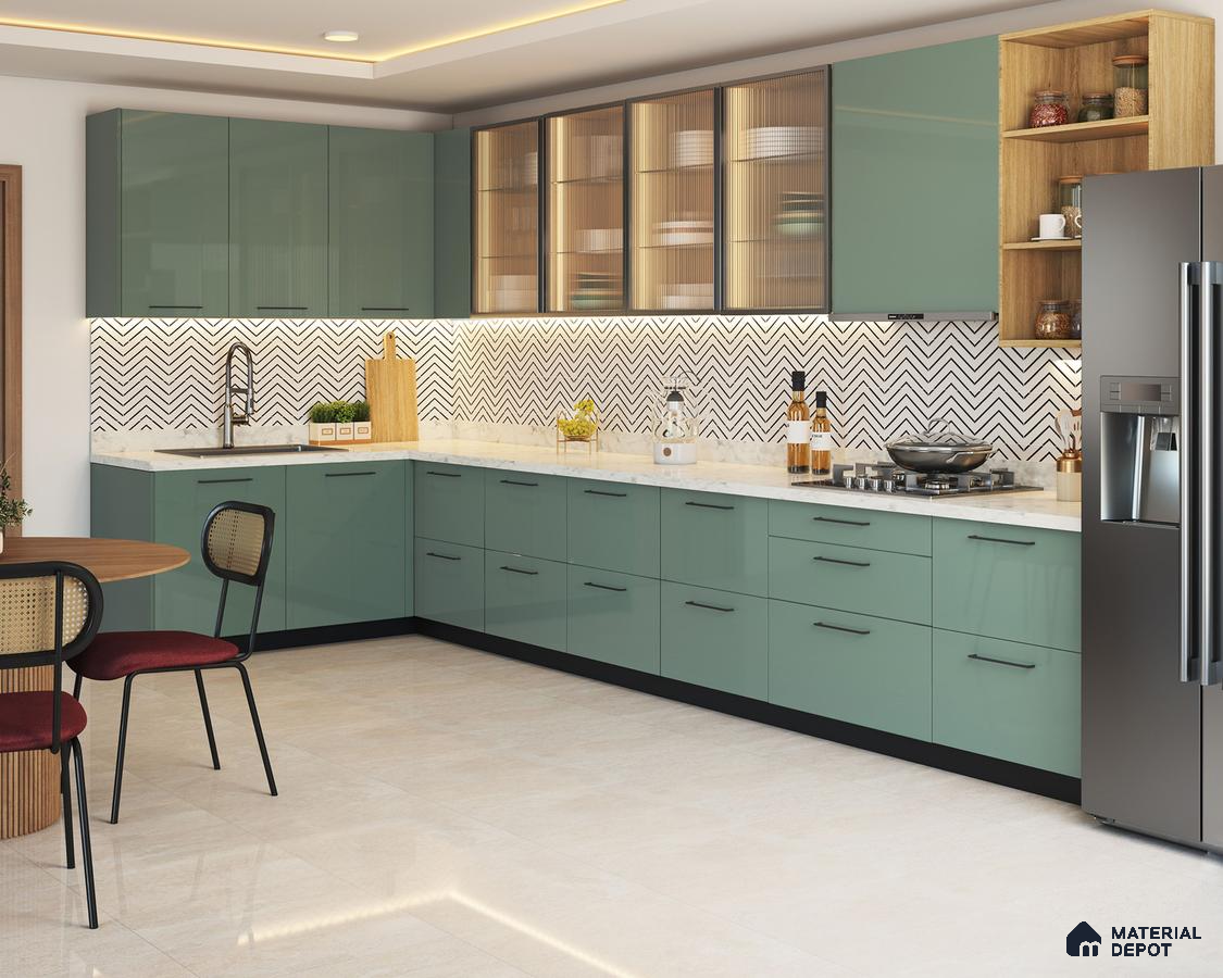 Modern kitchen with sage green high gloss laminate, white marble countertop, and chevron backsplash tile in Bengaluru | Material Depot