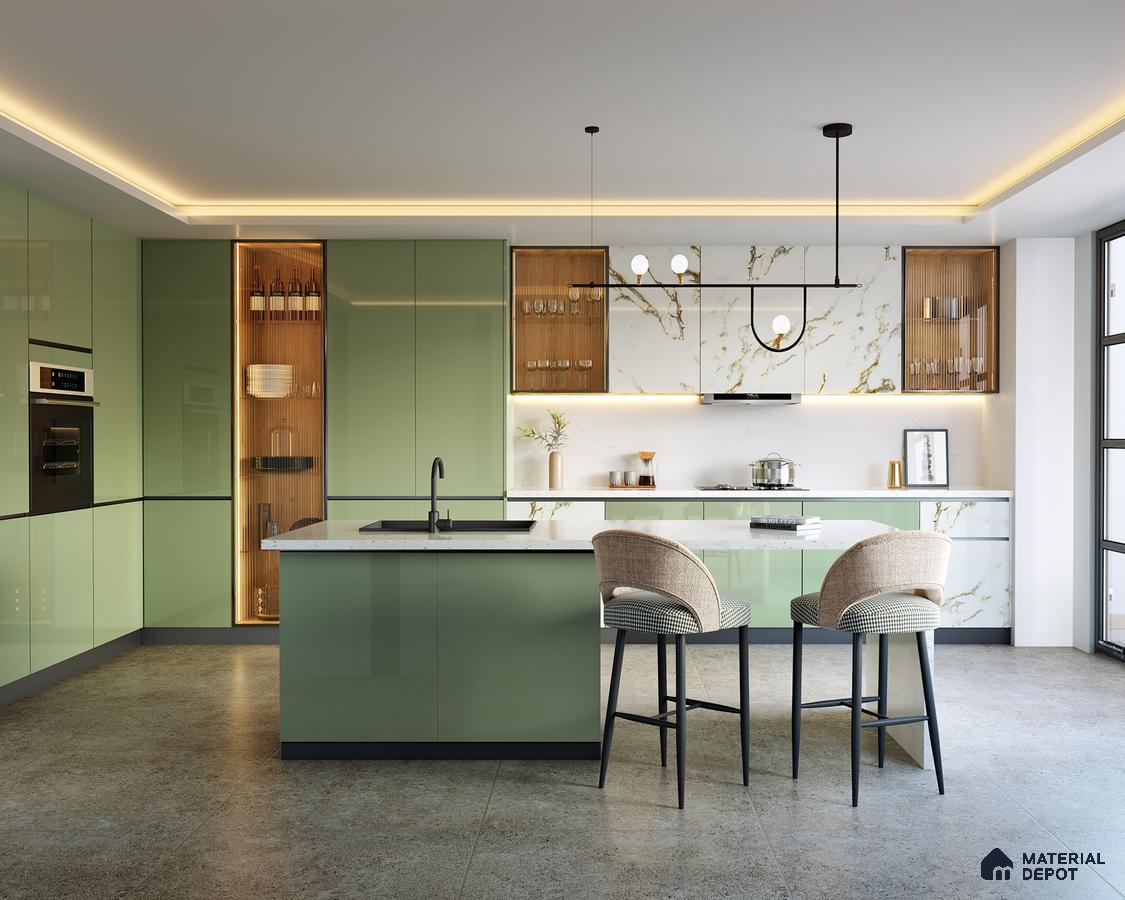 Modern kitchen with sage green high gloss laminate, white marble-look backsplash, and quartz countertop in Bengaluru | Material Depot