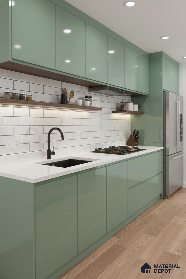 Modern kitchen with sage green high gloss laminate, white quartz countertop, and subway tile backsplash in Bengaluru