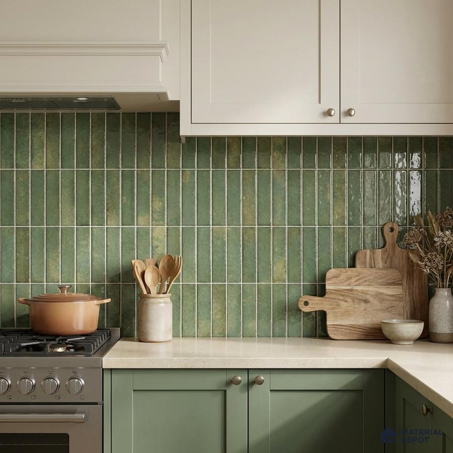Modern kitchen with sage green kitkat backsplash tile and cream quartz countertop