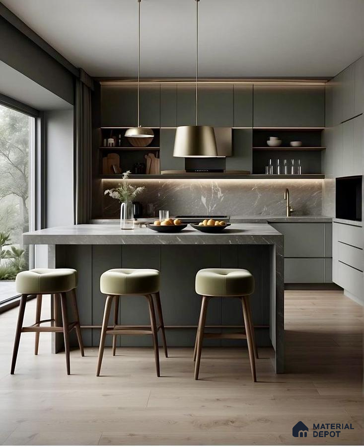 Modern kitchen with sage green laminate cabinets, grey marble countertop and backsplash, and light oak wooden flooring in Bengaluru | Material Depot