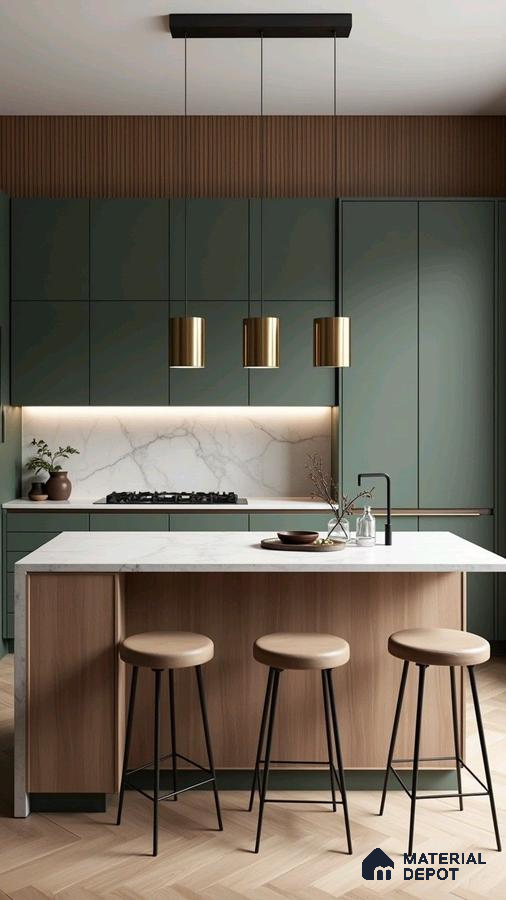 Modern kitchen with sage green laminate cabinets, white marble backsplash, and light oak island in Bengaluru | Material Depot