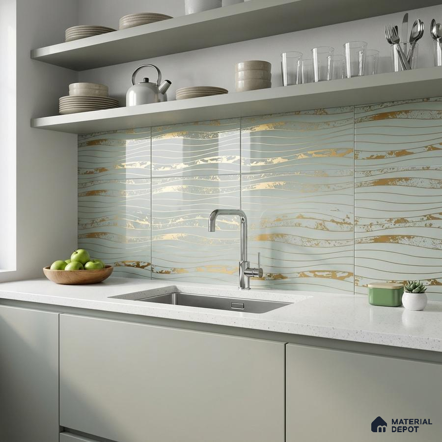 Modern kitchen with sage green laminate cabinets, white quartz countertop, and gold-accented wavy backsplash tiles