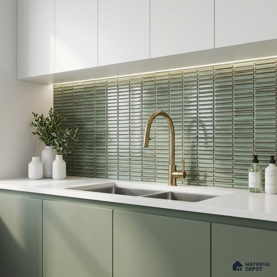 Modern kitchen with sage green laminate cabinets, white quartz countertop, and green kitkat backsplash tiles