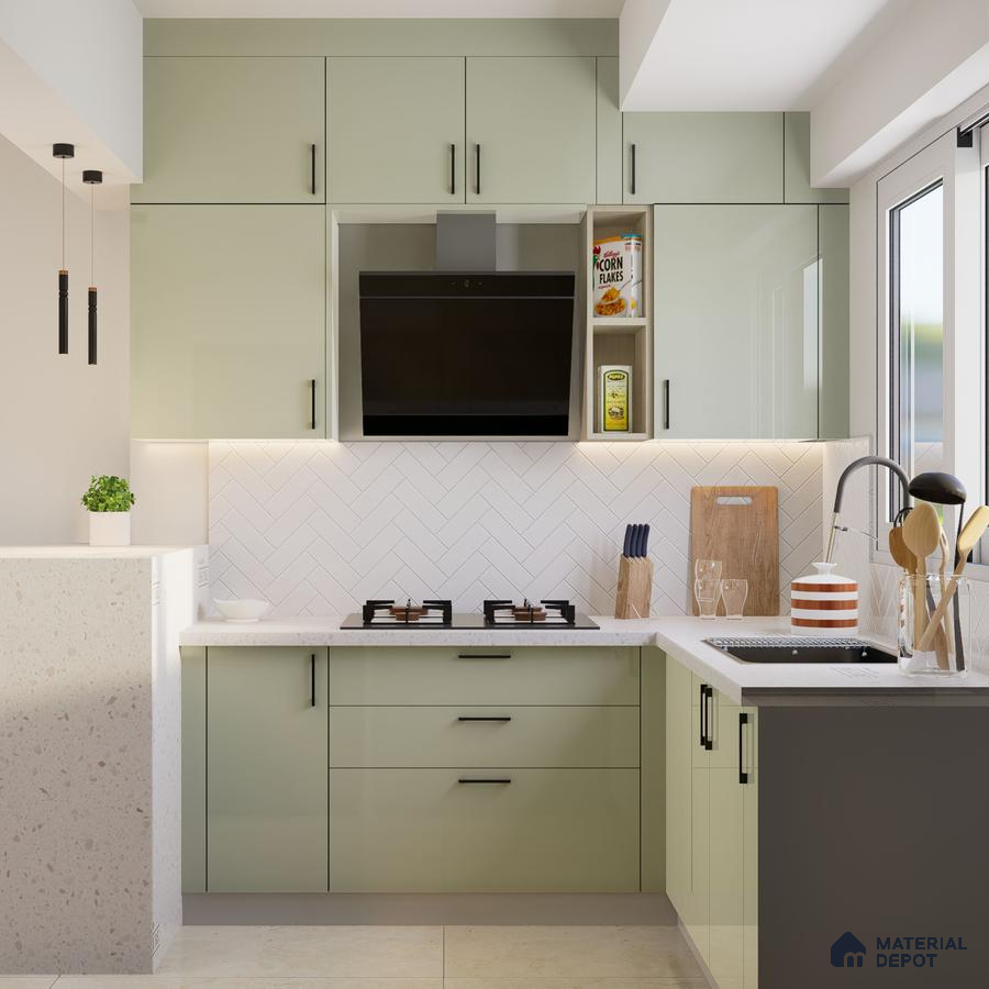 Modern kitchen with sage green laminate cabinets, white quartz countertop, and herringbone white subway tile backsplash in Bengaluru | Material Depot