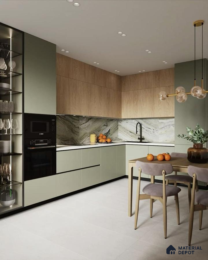 Modern kitchen with sage green laminate, light oak laminate, and marble backsplash in Bengaluru | Material Depot