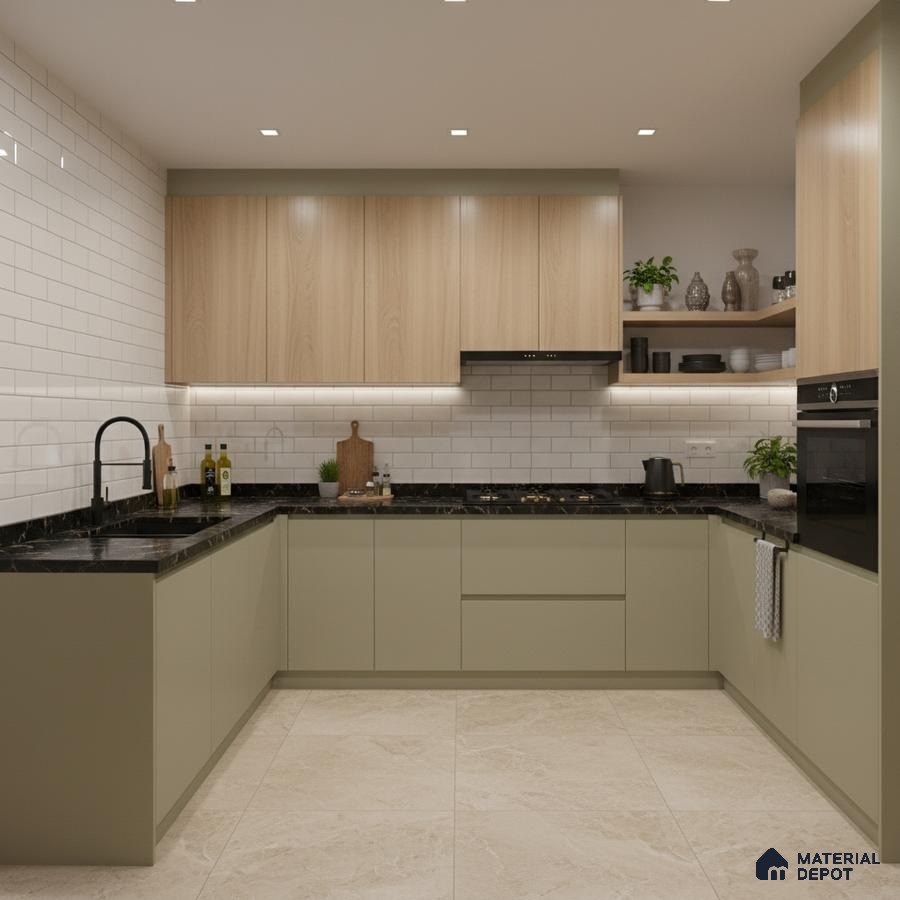 Modern kitchen with sage green laminate, light oak laminate, black marble countertop, and white subway tile backsplash in Bengaluru