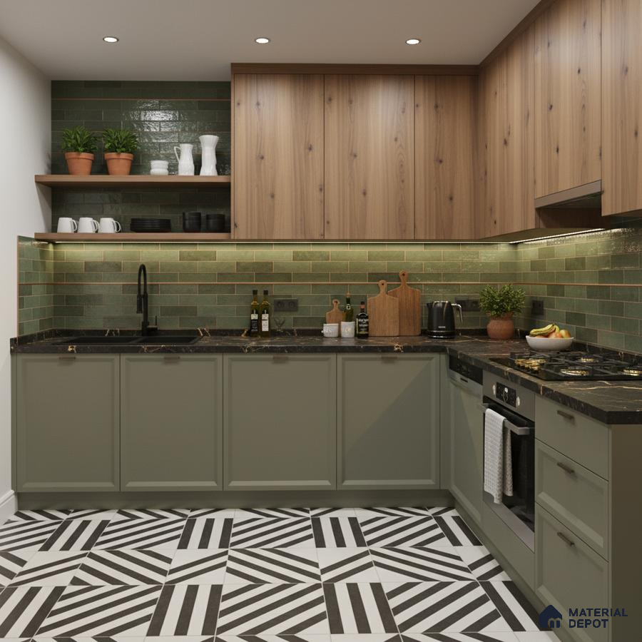 Modern kitchen with sage green laminate, natural wood laminate, green subway backsplash tile, and geometric patterned floor tile in Bengaluru