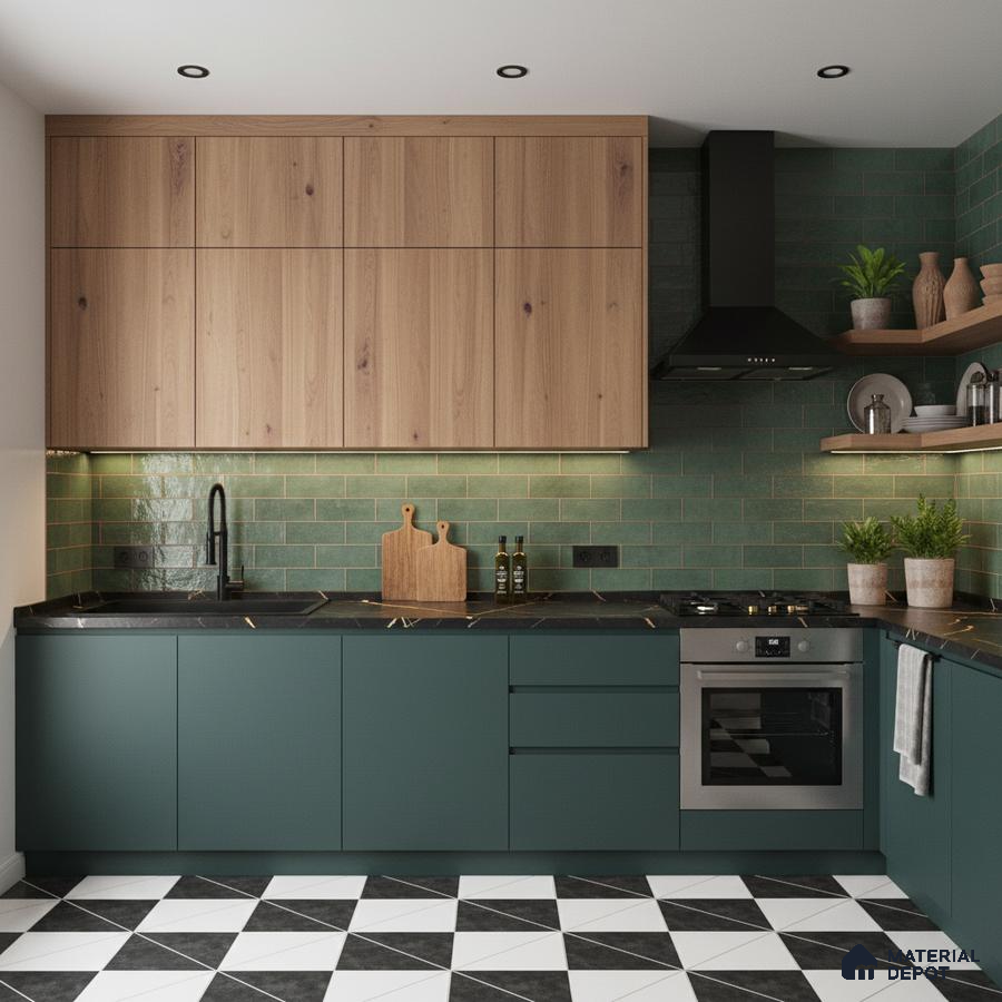 Modern kitchen with sage green laminate, oak wood laminate, green subway tile backsplash, and black-and-white geometric floor tiles in Bengaluru