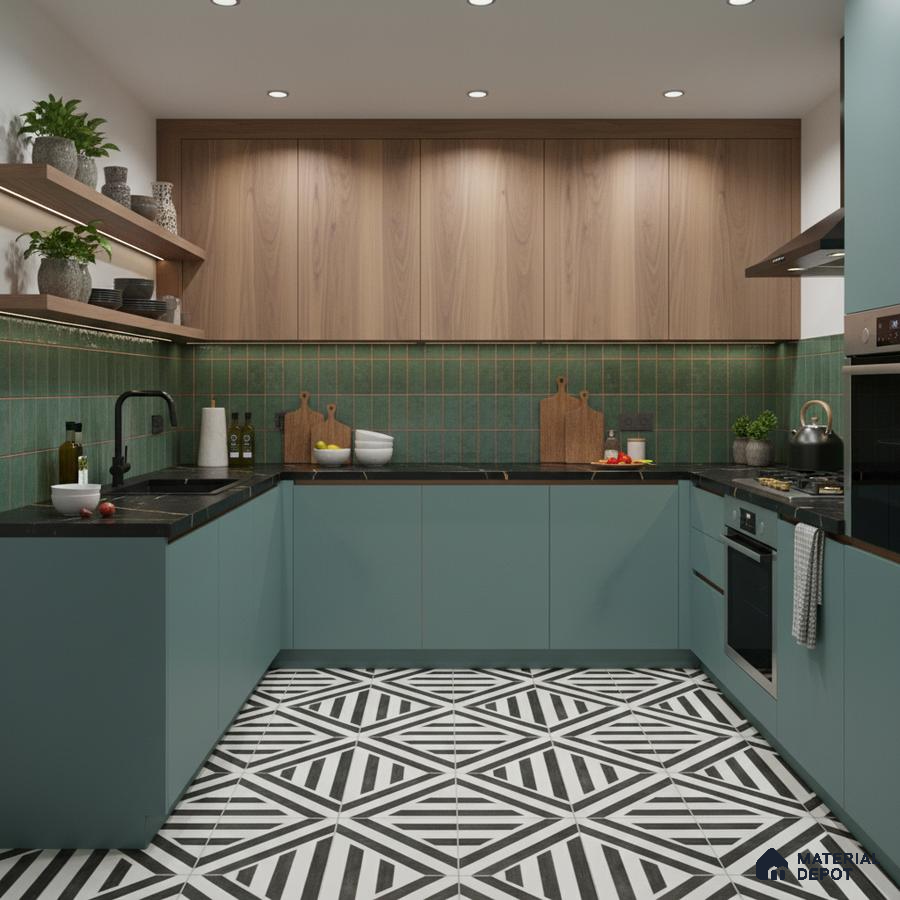 Modern kitchen with sage green laminate, walnut wood laminate, green subway backsplash tile, and geometric black-and-white floor tile in Bengaluru