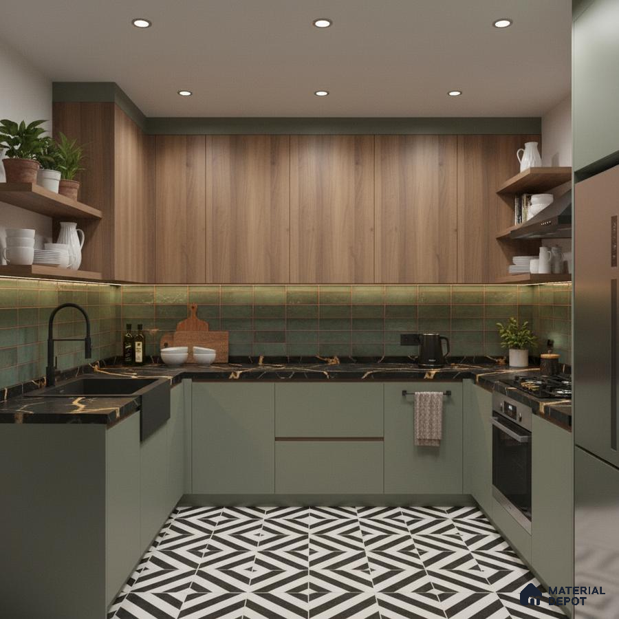 Modern kitchen with sage green laminate, walnut wood laminate, green subway backsplash tile, and geometric black-and-white floor tile in Bengaluru
