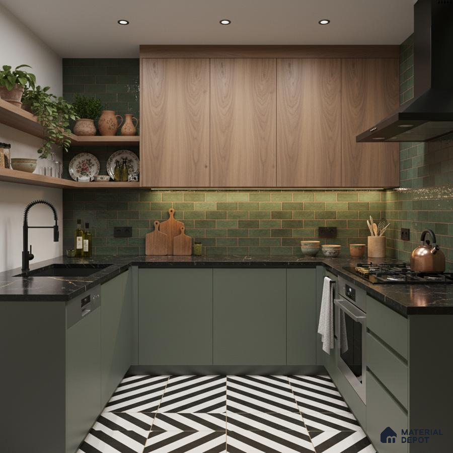 Modern kitchen with sage green laminate, walnut wood laminate, green subway tile backsplash, and black-and-white geometric floor tiles in Bengaluru