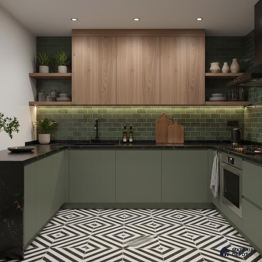 Modern kitchen with sage green laminate, walnut wood laminate, green subway tile backsplash, and geometric black-and-white floor tiles in Bengaluru