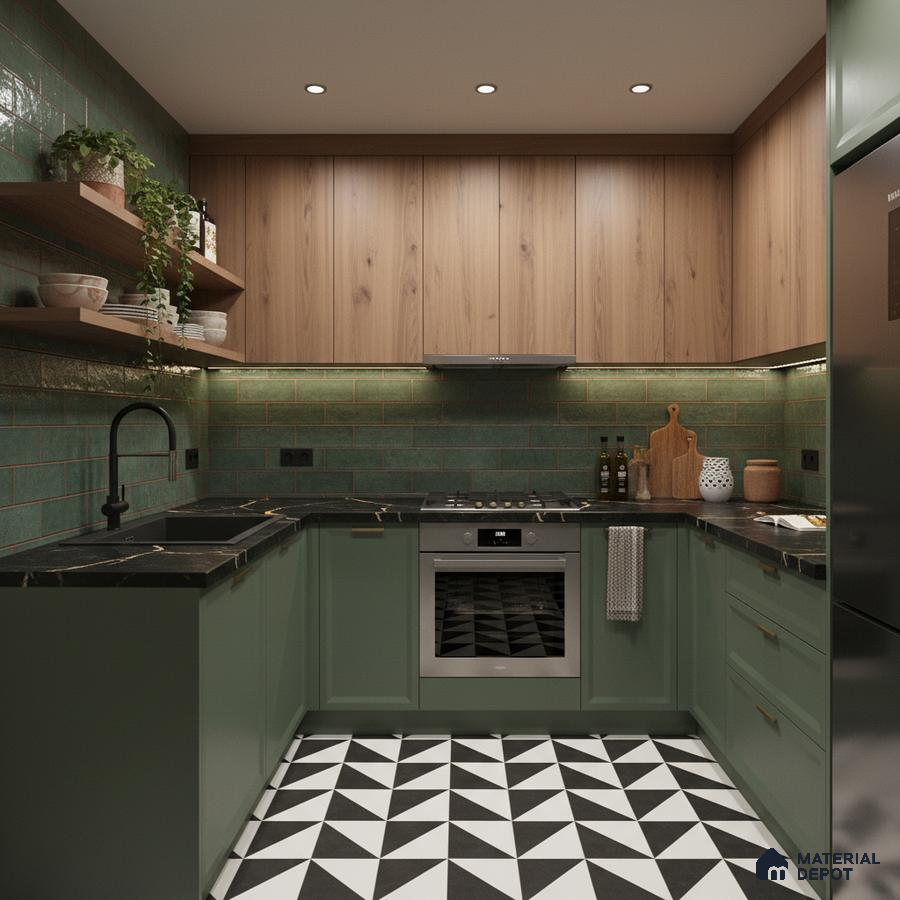 Modern kitchen with sage green laminate, walnut wood laminate, green subway wall tiles, and geometric black-and-white floor tiles in Bengaluru