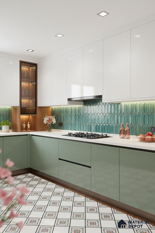 Modern kitchen with sage green laminate, white high gloss laminate, geometric teal backsplash tile, and patterned floor tile in Bengaluru