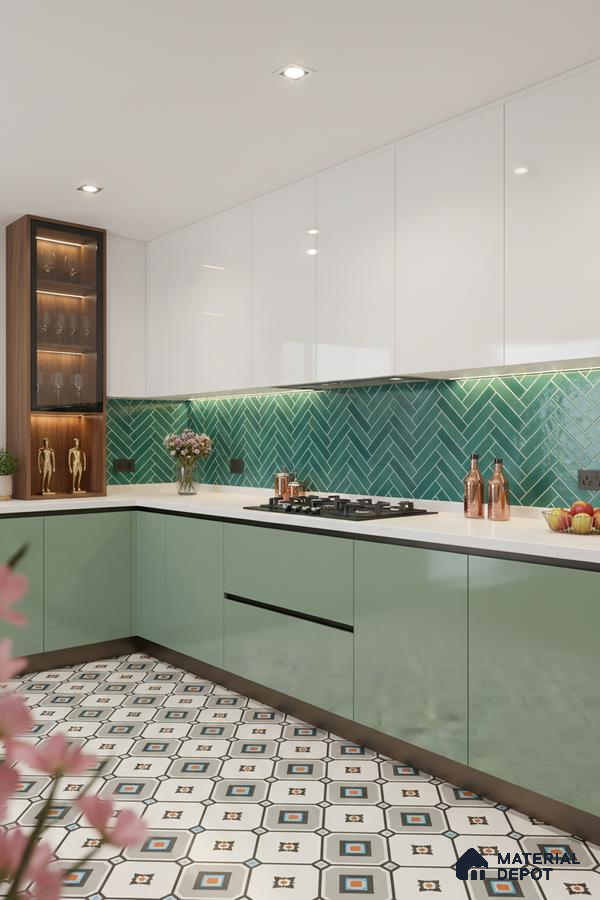 Modern kitchen with sage green laminate, white high gloss laminate, green herringbone backsplash tile, and patterned floor tile in Bengaluru