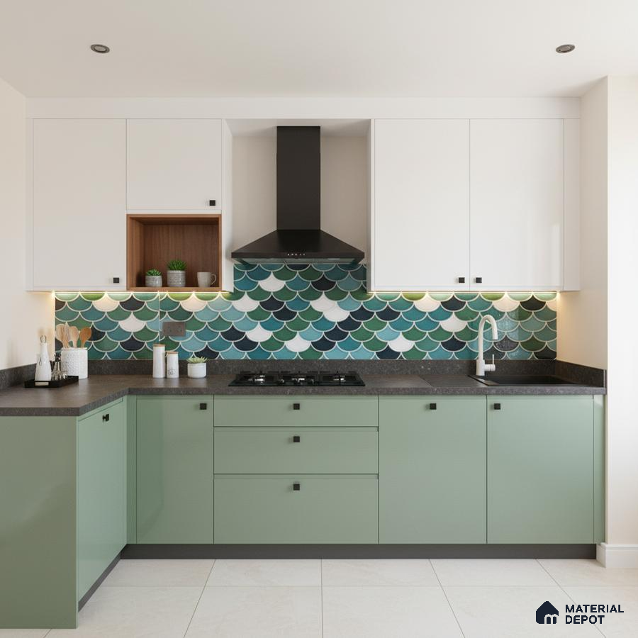 Modern kitchen with sage green laminate, white laminate, and fishscale multicolor backsplash tiles in Bengaluru
