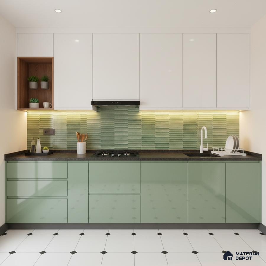 Modern kitchen with sage green laminate, white laminate, and green 3D subway backsplash tile in Bengaluru
