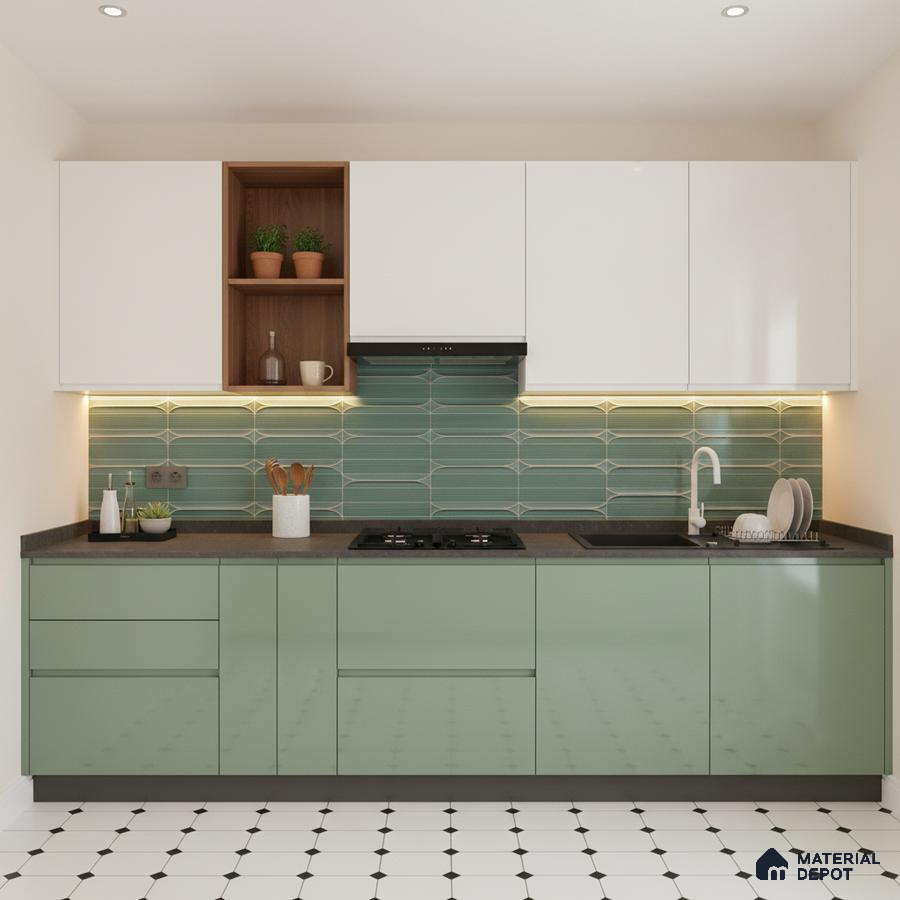 Modern kitchen with sage green laminate, white laminate, geometric green backsplash tile, and black-and-white patterned floor tile in Bengaluru