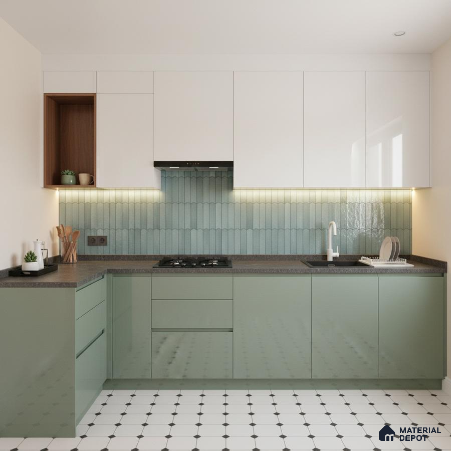 Modern kitchen with sage green laminate, white laminate, mint green kitkat backsplash tile, and geometric floor tile in Bengaluru