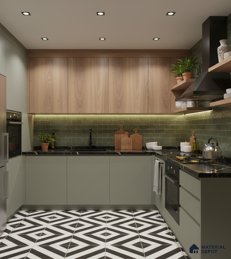 Modern kitchen with sage green laminate, wood grain laminate, green subway backsplash tile, and geometric black-and-white floor tile in Bengaluru