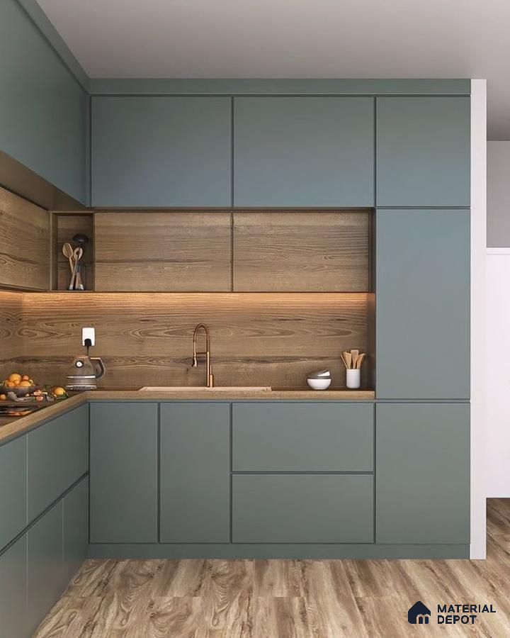 Modern kitchen with sage green matte laminate cabinets and natural oak wood backsplash in Bengaluru | Material Depot