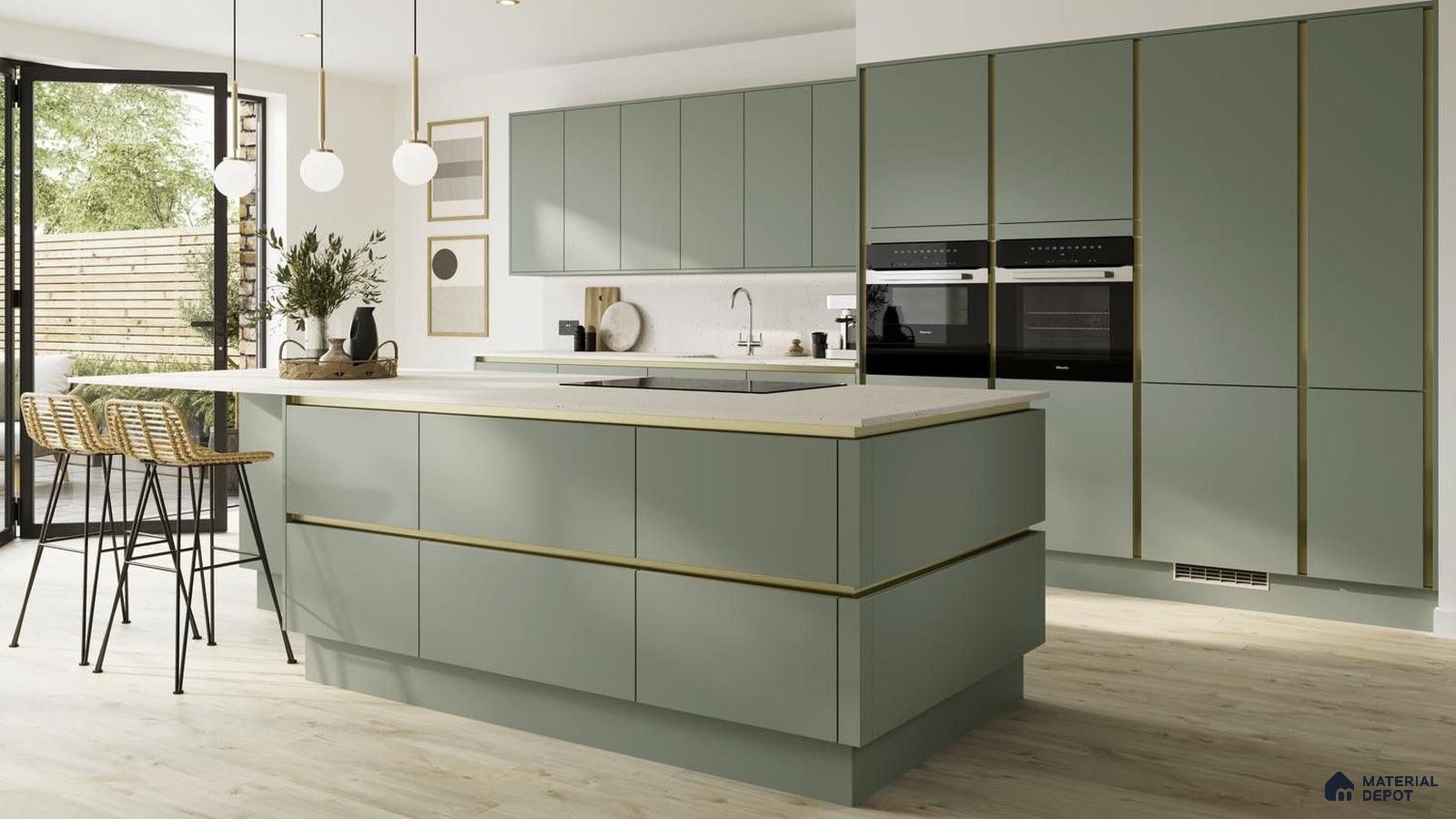 Modern kitchen with sage green matte laminate cabinets, white quartz countertop, and light oak wood flooring in Bengaluru | Material Depot