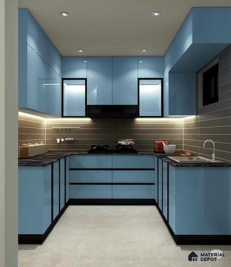 Modern kitchen with sky blue high gloss laminate cabinets, black granite countertop, and taupe subway tile backsplash in Bengaluru | Material Depot