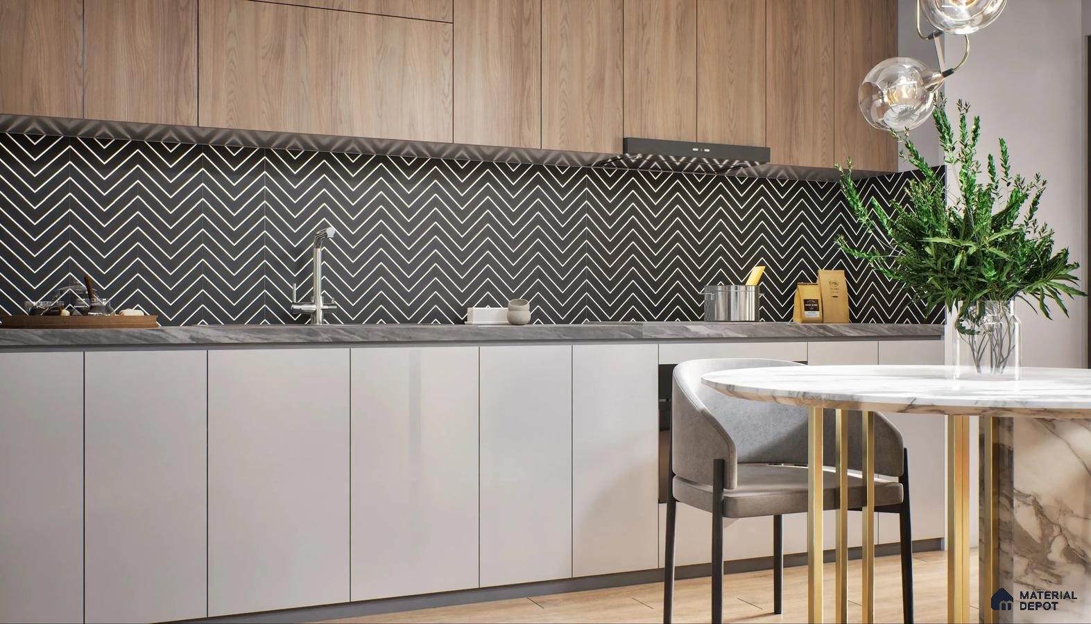 Modern Kitchen with Striking Chevron-Patterned Wall | Material Depot