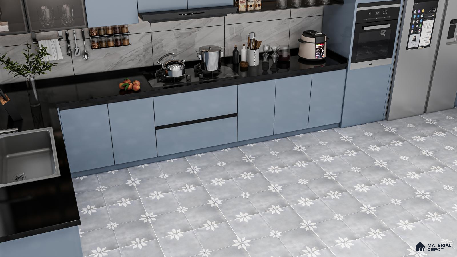 Modern Kitchen with Subtle Blue Patterned Tiles and Sleek Cabinetry | Material Depot