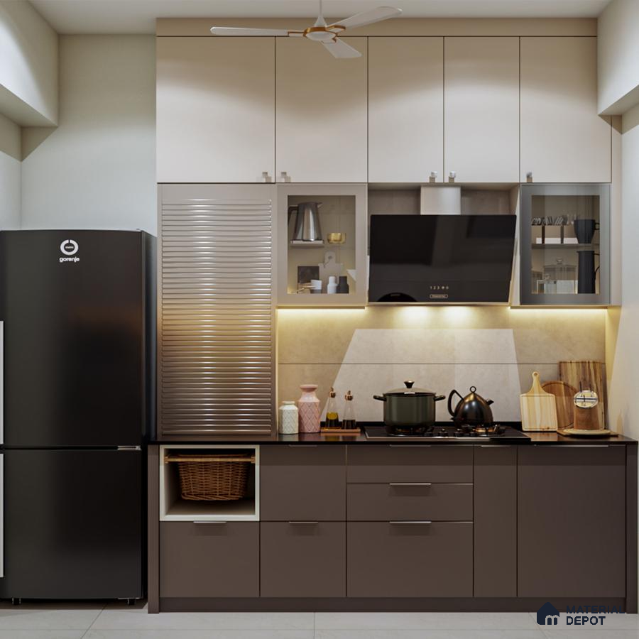 Modern kitchen with taupe and beige laminate cabinets, metallic roller shutter, and beige tile backsplash in Bengaluru | Material Depot