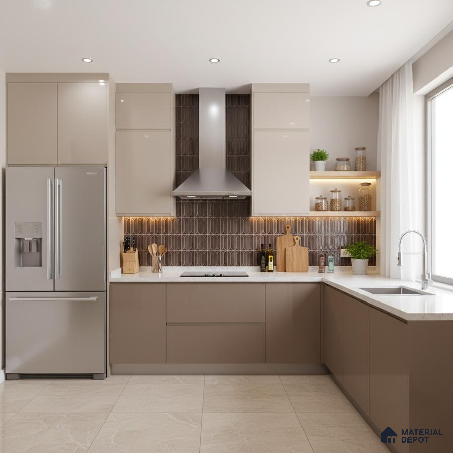 Modern kitchen with taupe and beige laminate, white quartz countertop, and geometric brown backsplash tile in Bengaluru