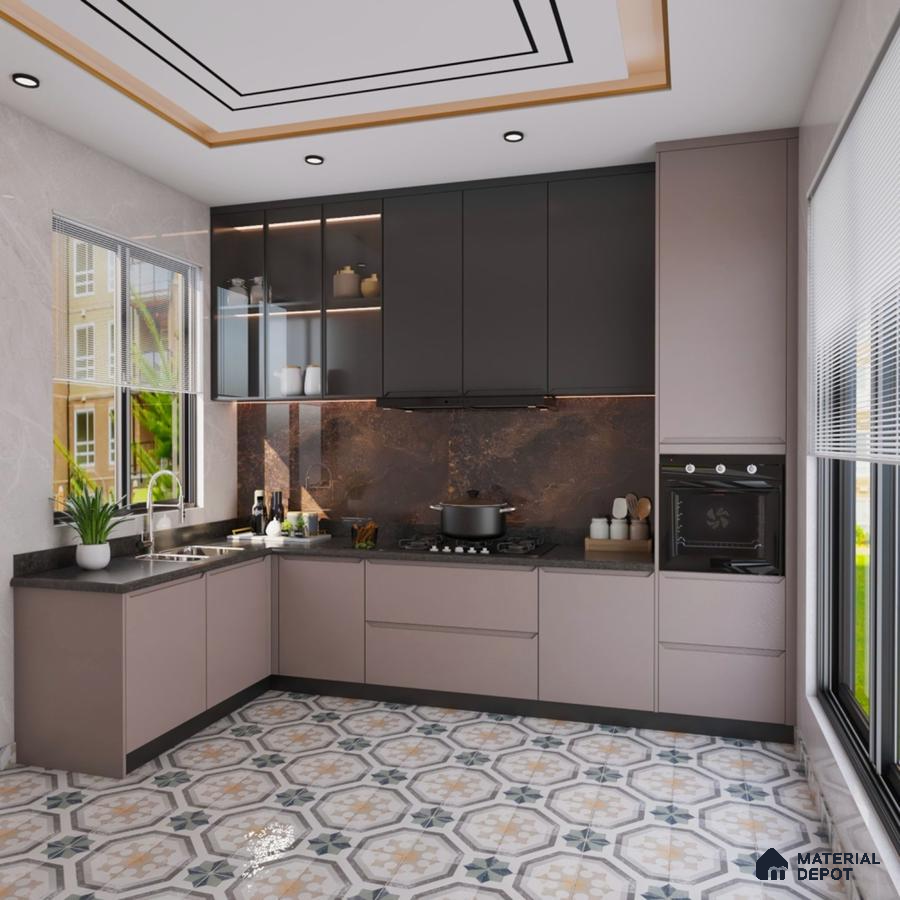 Modern kitchen with taupe and charcoal laminate, brown marble backsplash, and patterned geometric floor tiles in Bengaluru | Material Depot