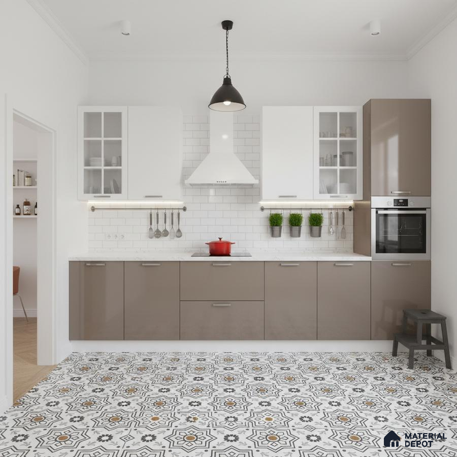 Modern kitchen with taupe and white laminate cabinets, white subway tile backsplash, and patterned geometric floor tiles in Bengaluru